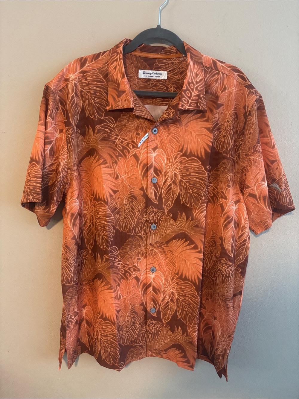 Tommy Bahama Island Zone Orange Tropical Leaf-Print Short Sleeve Shirt Large